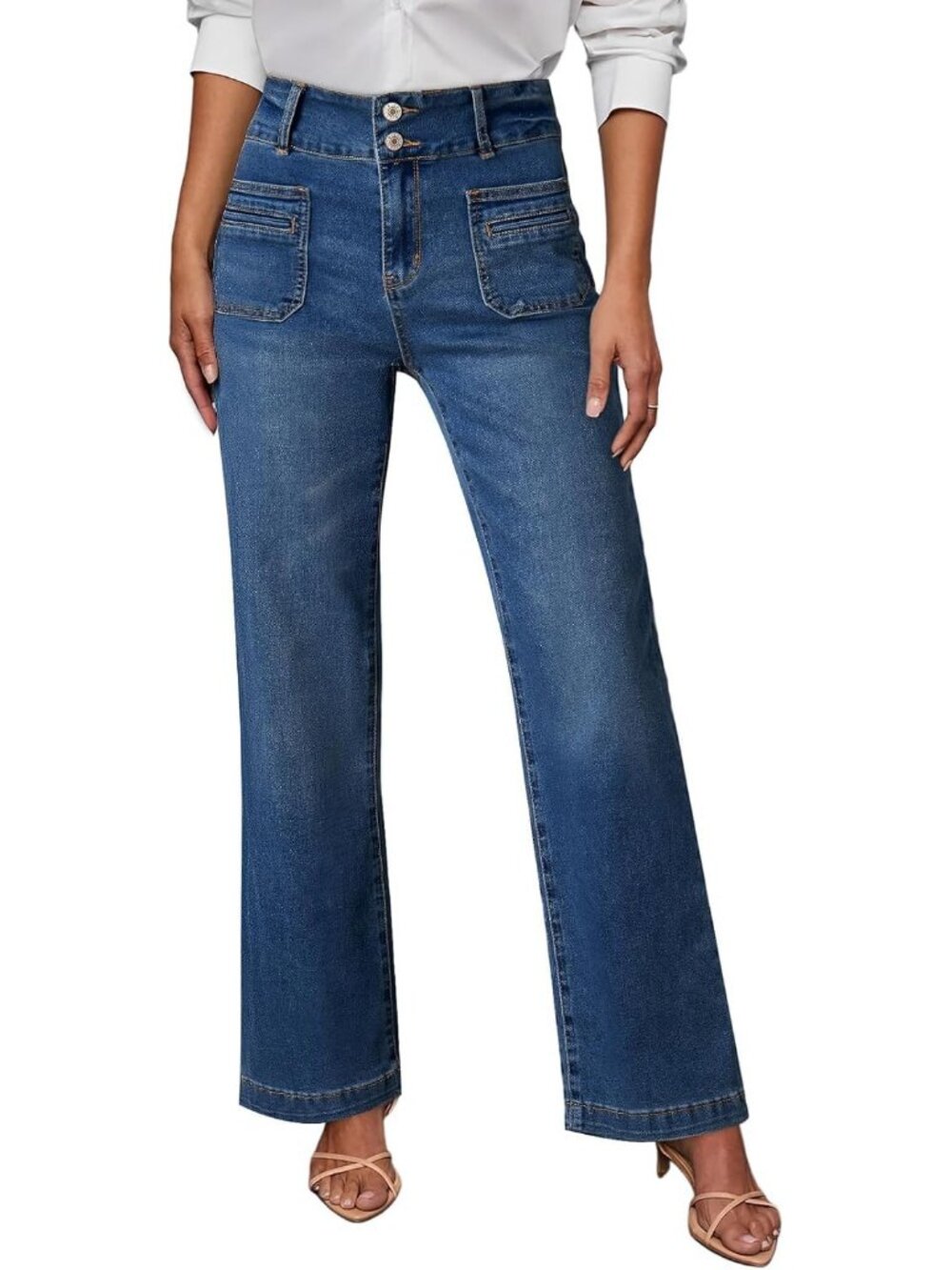 Women's Blue Tummy Control Stretchy Cotton Blend Zip Up Straight Leg Jeans
